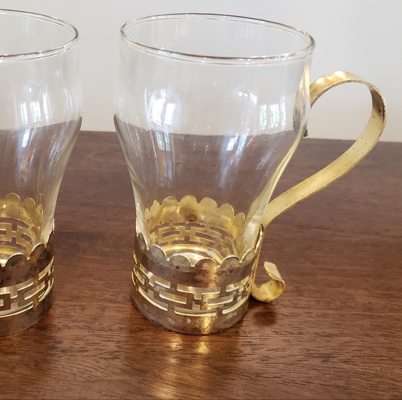 Vintage Glass Mugs with Brass Bands and Handles - Picture 4 of 16